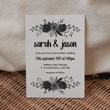 Gothic Flowers Black Wedding Invitation on White Card