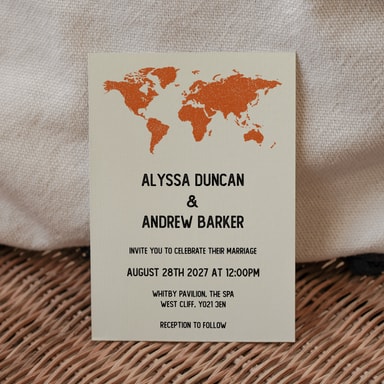 Vintage World Traveller Map Burnt Orange Wedding Invitation on Cream Card