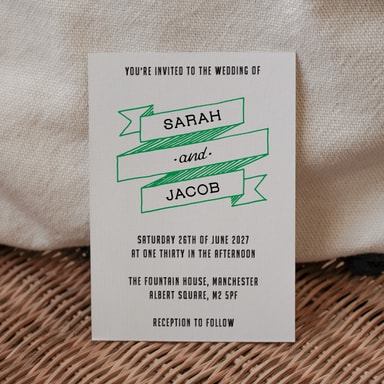 A Vintage Affair Clover Green Wedding Invitation on White Card