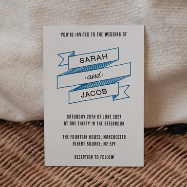 A Vintage Affair Marine Blue Wedding Invitation on White Card