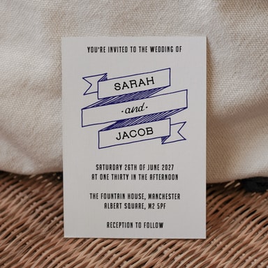 A Vintage Affair Navy Blue Wedding Invitation on White Card