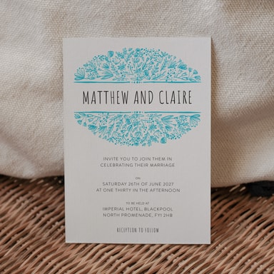 Beautifully Boho Aqua Blue Wedding Invitation on White Card