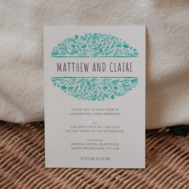 Beautifully Boho Aquamarine Wedding Invitation on White Card