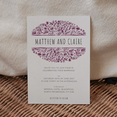 Beautifully Boho Aubergine Wedding Invitation on White Card