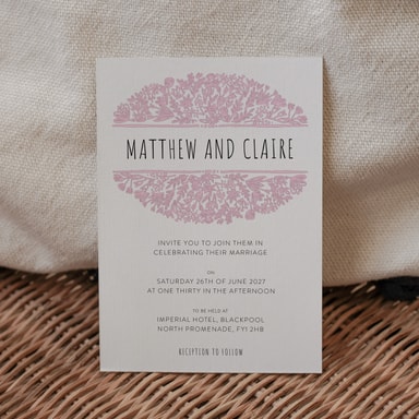 Beautifully Boho Baby Pink Wedding Invitation on White Card