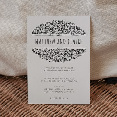 Beautifully Boho Black Wedding Invitation on White Card