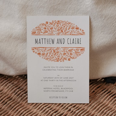 Beautifully Boho Burnt Orange Wedding Invitation on White Card