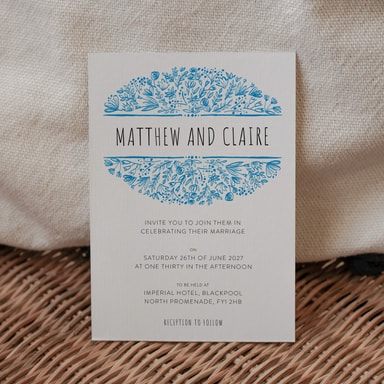 Beautifully Boho Cobalt Blue Wedding Invitation on White Card