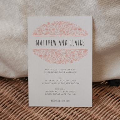 Beautifully Boho Coral Pink Wedding Invitation on White Card