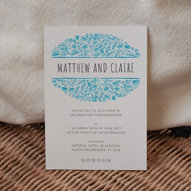 Beautifully Boho Electric Blue Wedding Invitation on White Card