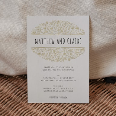 Beautifully Boho Gold Wedding Invitation on White Card