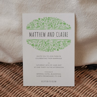 Beautifully Boho Lime Green Wedding Invitation on White Card