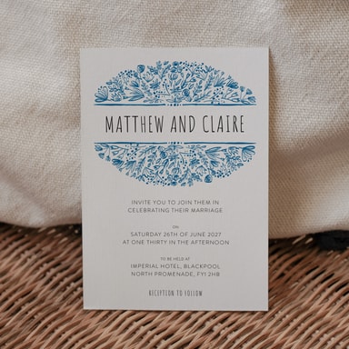 Beautifully Boho Marine Blue Wedding Invitation on White Card