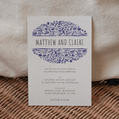 Beautifully Boho Navy Blue Wedding Invitation on White Card