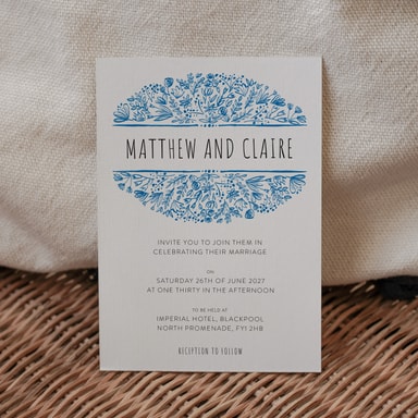 Beautifully Boho Ocean Blue Wedding Invitation on White Card