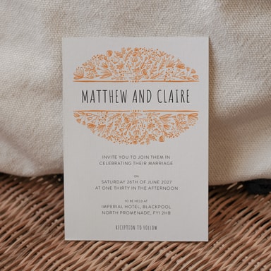 Beautifully Boho Orange Wedding Invitation on White Card