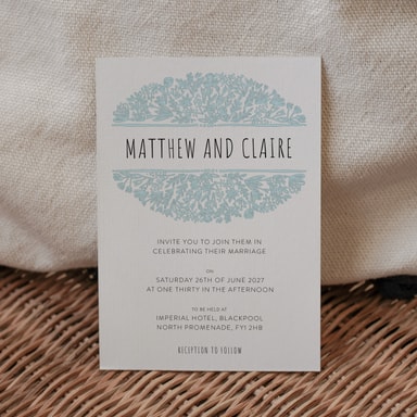 Beautifully Boho Pale Blue Wedding Invitation on White Card