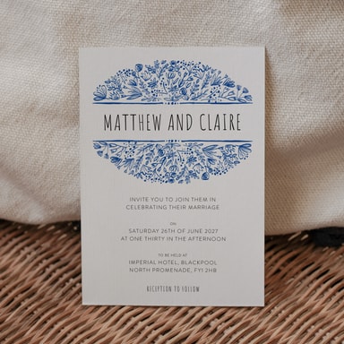 Beautifully Boho Royal Blue Wedding Invitation on White Card