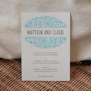 Beautifully Boho Sky Blue Wedding Invitation on White Card