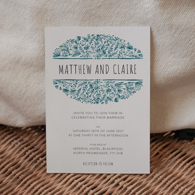 Beautifully Boho Teal Green Wedding Invitation on White Card