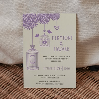 Boho Birdcage Chic Amethyst Wedding Invitation on Cream Card