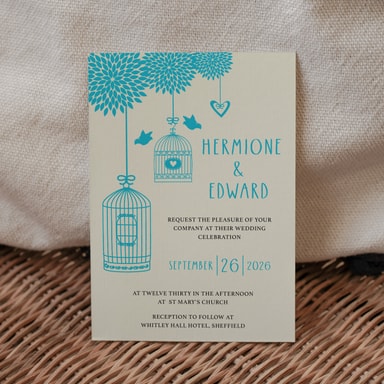 Boho Birdcage Chic Aqua Blue Wedding Invitation on Cream Card