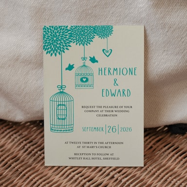 Boho Birdcage Chic Aquamarine Wedding Invitation on Cream Card