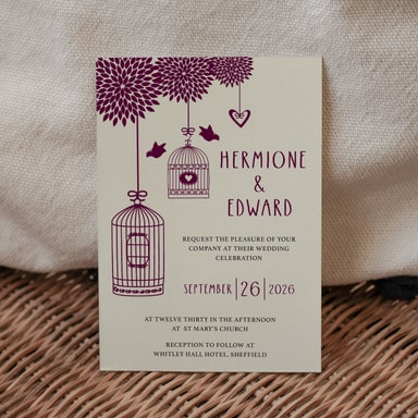 Boho Birdcage Chic Aubergine Wedding Invitation on Cream Card