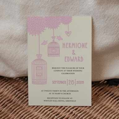 Boho Birdcage Chic Baby Pink Wedding Invitation on Cream Card