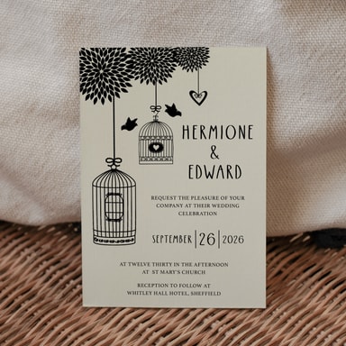 Boho Birdcage Chic Black Wedding Invitation on Cream Card