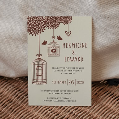 Boho Birdcage Chic Brown Wedding Invitation on Cream Card