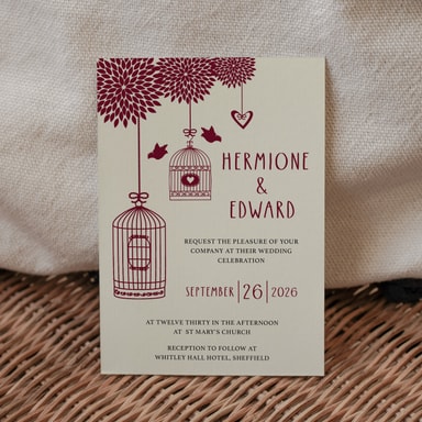 Boho Birdcage Chic Burgundy Wedding Invitation on Cream Card