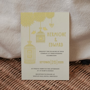 Boho Birdcage Chic Canary Yellow Wedding Invitation on Cream Card