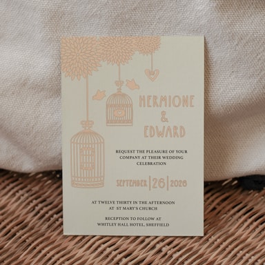 Boho Birdcage Chic Champagne Wedding Invitation on Cream Card