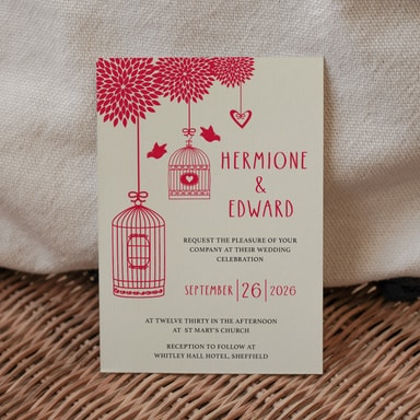 Boho Birdcage Chic Cherry Wedding Invitation on Cream Card