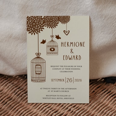 Boho Birdcage Chic Chocolate Brown Wedding Invitation on Cream Card