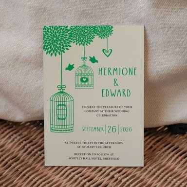 Boho Birdcage Chic Clover Green Wedding Invitation on Cream Card