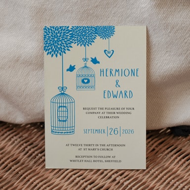 Boho Birdcage Chic Cobalt Blue Wedding Invitation on Cream Card