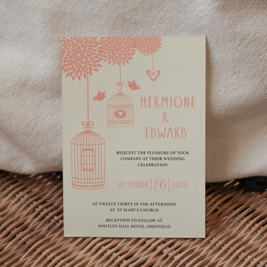 Boho Birdcage Chic Coral Pink Wedding Invitation on Cream Card