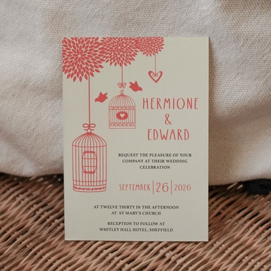 Boho Birdcage Chic Coral Wedding Invitation on Cream Card