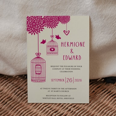 Boho Birdcage Chic Cranberry Wedding Invitation on Cream Card