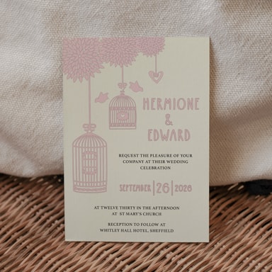 Boho Birdcage Chic Dusky Pink Wedding Invitation on Cream Card