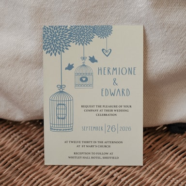 Boho Birdcage Chic Dusty Blue Wedding Invitation on Cream Card