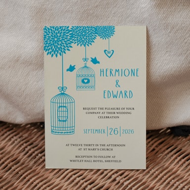 Boho Birdcage Chic Electric Blue Wedding Invitation on Cream Card