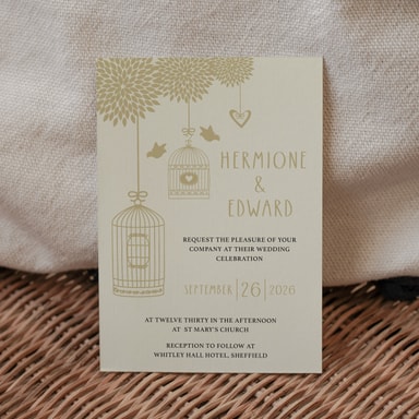 Boho Birdcage Chic Gold Wedding Invitation on Cream Card