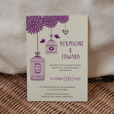 Boho Birdcage Chic Grape Wedding Invitation on Cream Card