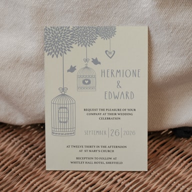 Boho Birdcage Chic Grey Wedding Invitation on Cream Card