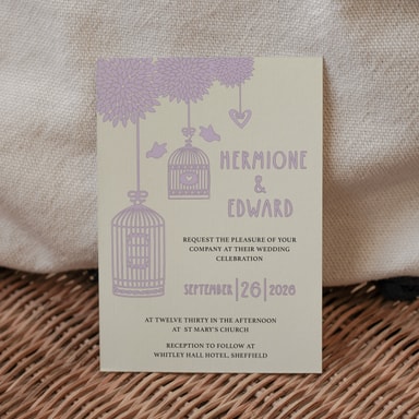 Boho Birdcage Chic Lavender Wedding Invitation on Cream Card