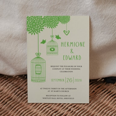 Boho Birdcage Chic Lime Green Wedding Invitation on Cream Card