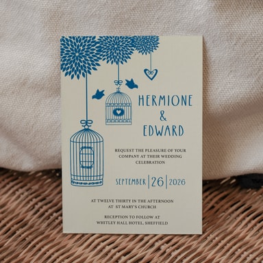 Boho Birdcage Chic Marine Blue Wedding Invitation on Cream Card